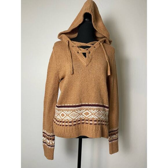 Hollister Hoodie Lace Up Pullover Aztec Western Cable Knit Sweater Tan S - Picture 1 of 10